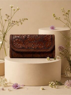 Hand-Tooled Floral Leather Clutch Wallet - Brown